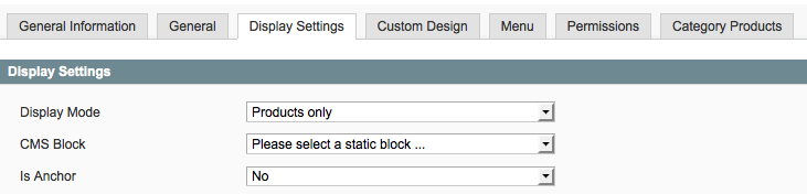 The Magento "Display Settings" tab of a category